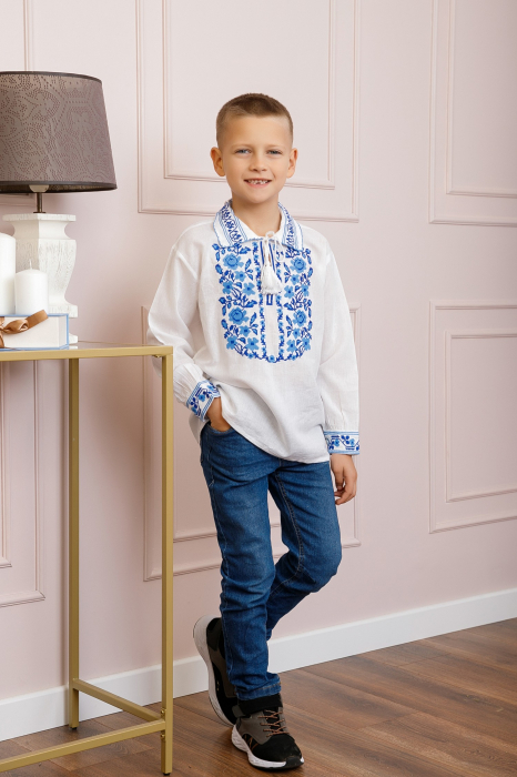 Camasa traditionala de baieti alba cu motiv floral albastru Iulian [4]