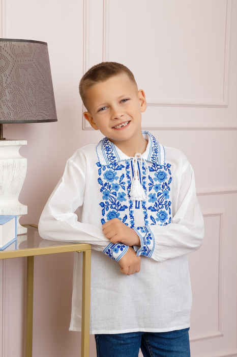 Camasa traditionala de baieti alba cu motiv floral albastru Iulian [3]