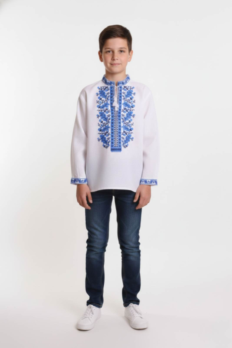 Camasa traditionala de baieti alba cu motiv floral albastru Razvan 01 [1]
