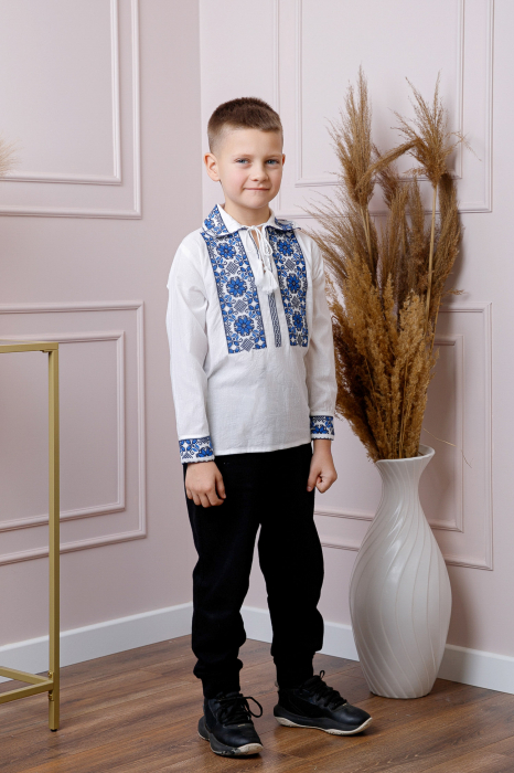 Camasa traditionala de baieti alba cu motiv floral albastru Silviu 03 [4]