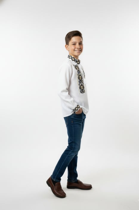 Camasa traditionala de baieti alba cu motiv floral bicolor Octavian [2]