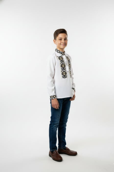 Camasa traditionala de baieti alba cu motiv floral bicolor Octavian [4]