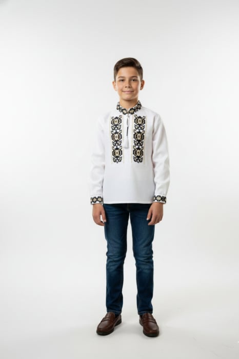 Camasa traditionala de baieti alba cu motiv floral bicolor Octavian [3]