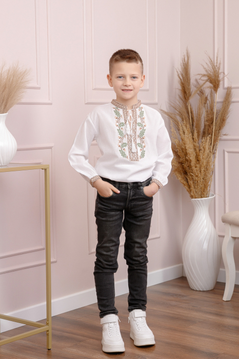 Camasa traditionala de baieti alba cu motiv floral crem Dragos [3]