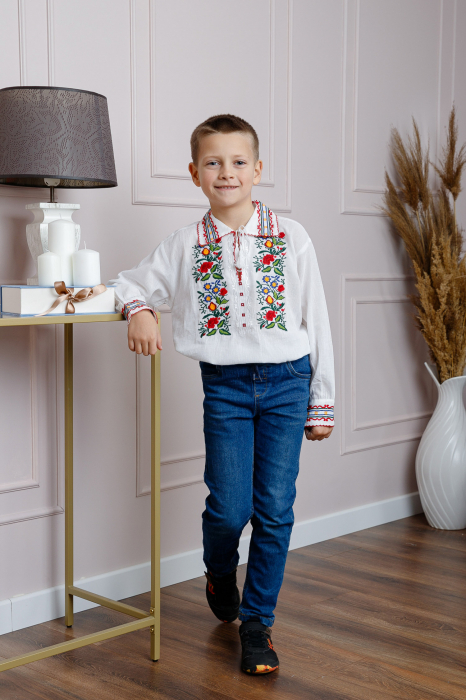 Camasa traditionala de baieti alba cu motiv floral multicolor Andrei [4]