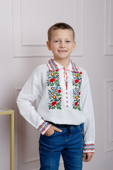 Camasa traditionala de baieti alba cu motiv floral multicolor Andrei