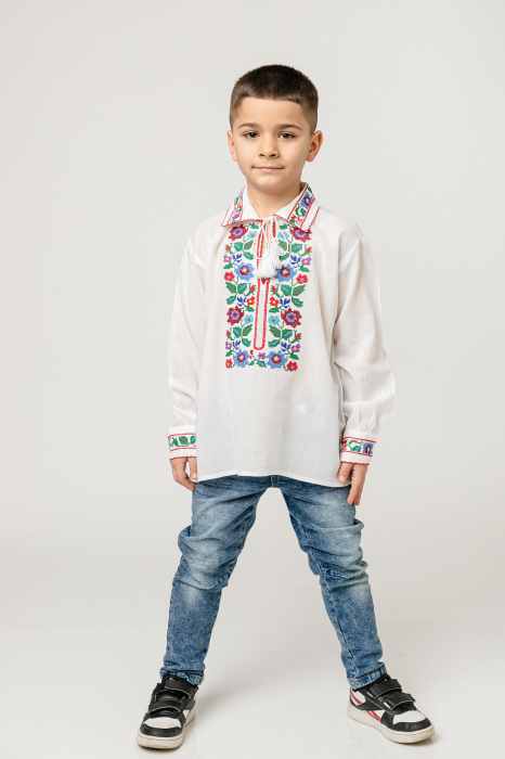 Camasa traditionala de baieti alba cu motiv floral multicolor Cosmin 01 [4]