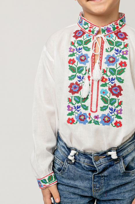 Camasa traditionala de baieti alba cu motiv floral multicolor Cosmin 02 [2]
