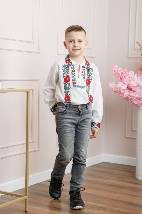 Camasa traditionala de baieti alba cu motiv floral multicolor Costin [4]