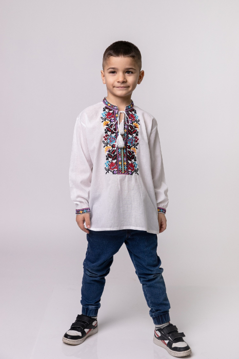 Camasa traditionala de baieti alba cu motiv floral multicolor Denis [4]