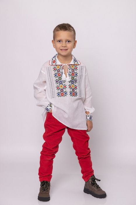 Camasa traditionala de baieti alba cu motiv floral multicolor Matei [4]