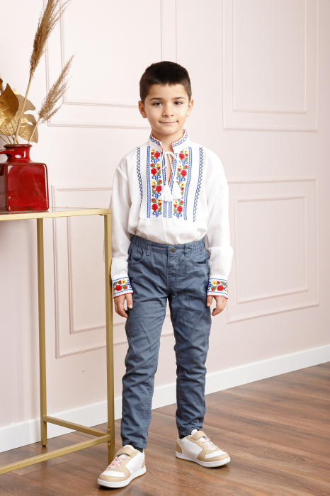 Camasa traditionala de baieti alba cu motiv floral multicolor Narcis [3]