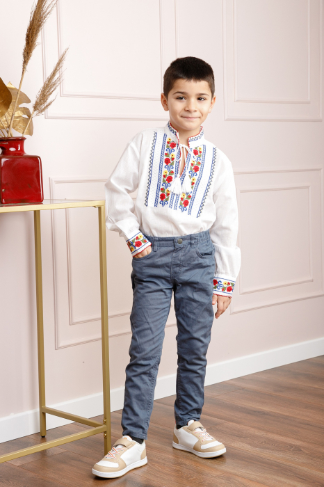 Camasa traditionala de baieti alba cu motiv floral multicolor Narcis [4]