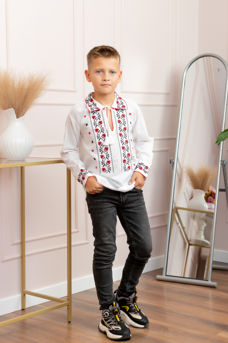 Camasa traditionala de baieti alba cu motiv floral rosu Alin 02 [4]