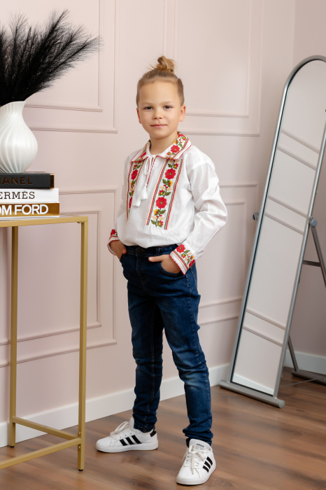 Camasa traditionala de baieti alba cu motiv floral rosu Casian [4]