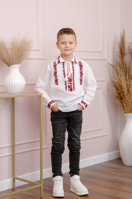 Camasa traditionala de baieti alba cu motiv floral rosu Cristian [4]