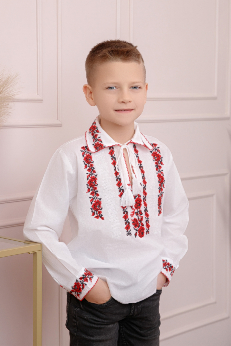 Camasa traditionala de baieti alba cu motiv floral rosu Cristian