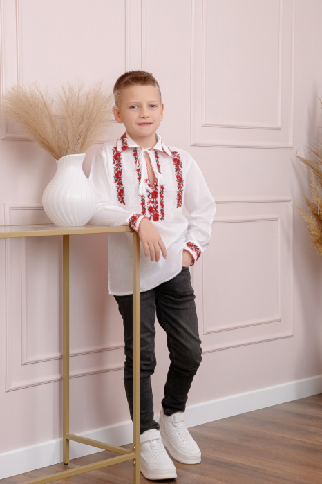 Camasa traditionala de baieti alba cu motiv floral rosu Cristian [3]
