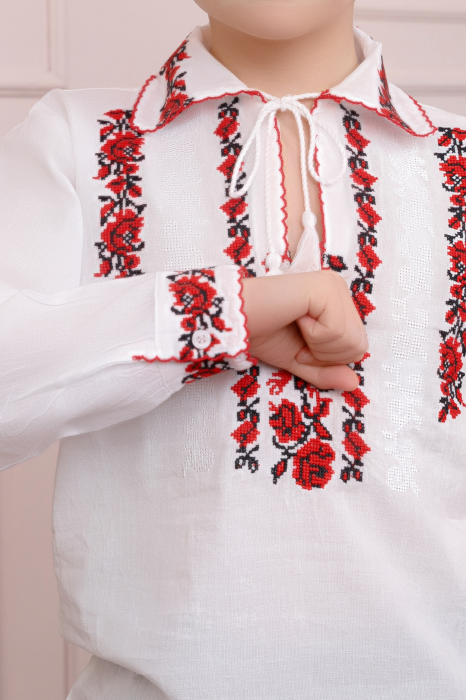 Camasa traditionala de baieti alba cu motiv floral rosu Cristian [2]