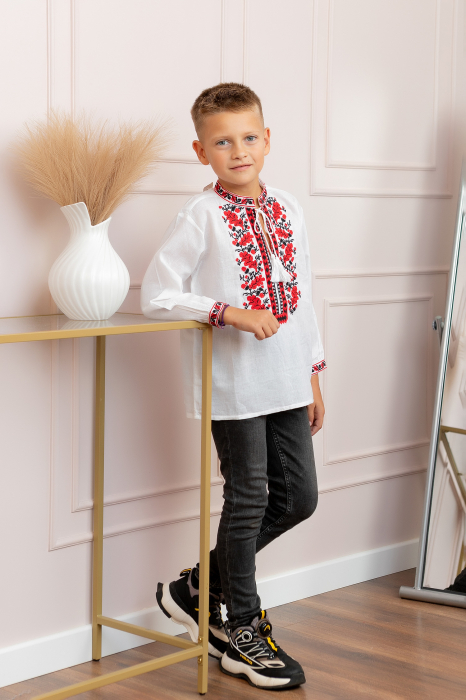 Camasa traditionala de baieti alba cu motiv floral rosu Dominic 04 [3]