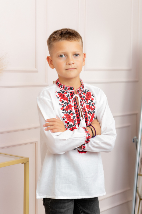Camasa traditionala de baieti alba cu motiv floral rosu Dominic 04