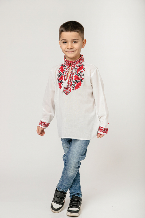 Camasa traditionala de baieti alba cu motiv floral rosu Dominic 03 [4]