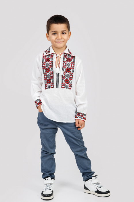 Camasa traditionala de baieti alba cu motiv floral rosu Silviu 01 [4]