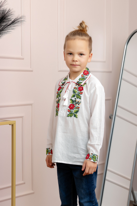 Camasa traditionala de baieti alba cu motiv floral rosu Sorin [3]