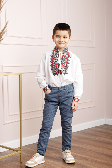 Camasa traditionala de baieti alba cu motiv floral rosu Timotei [3]