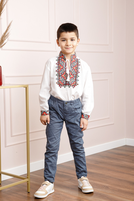 Camasa traditionala de baieti alba cu motiv floral rosu Timotei [4]