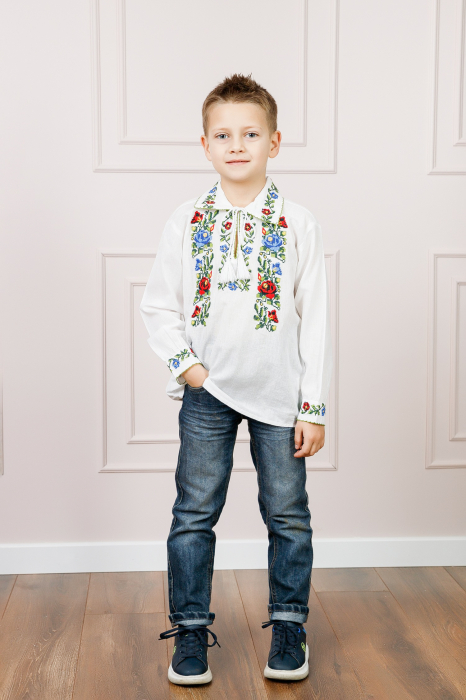Camasa traditionala de baieti alba cu motiv floral tricolor Paul [4]