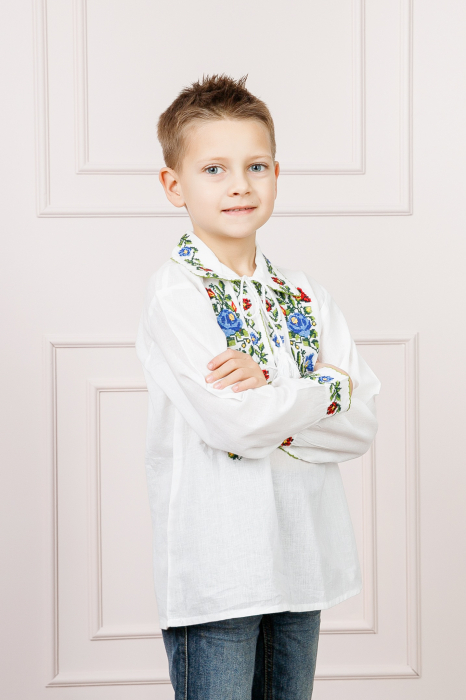 Camasa traditionala de baieti alba cu motiv floral tricolor Paul [3]