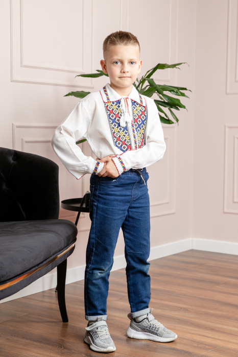 Camasa traditionala de baieti alba cu motiv floral tricolor Raul [4]