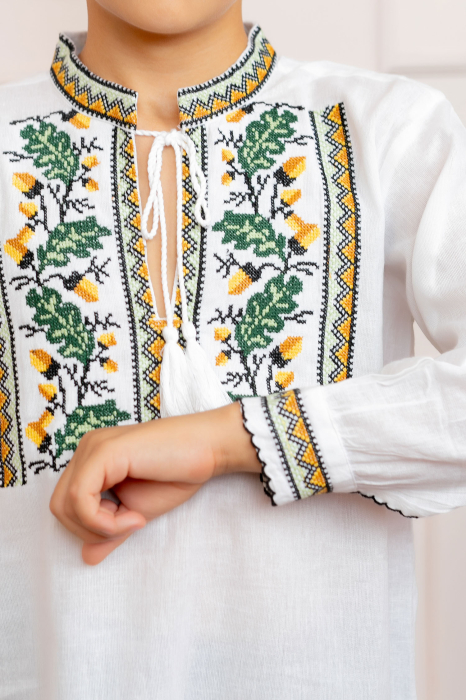 Camasa traditionala de baieti alba cu motiv floral verde Dominic 04 [2]