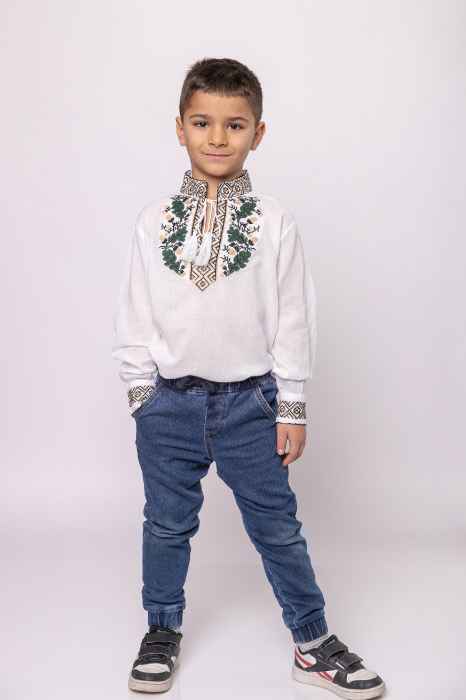 Camasa traditionala de baieti alba cu motiv floral verde Dominic 01 [4]