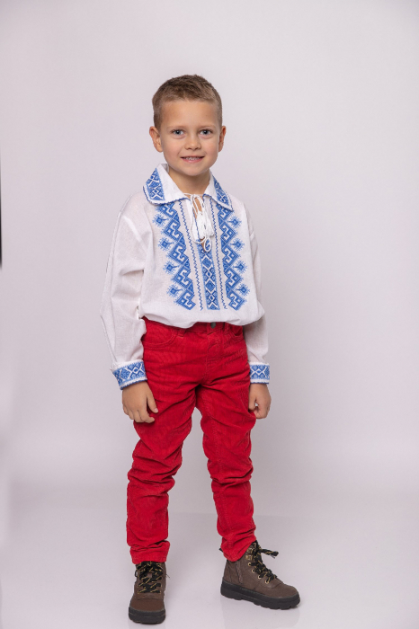 Camasa traditionala de baieti alba cu motiv geometric albastru Alexandru 01 [4]