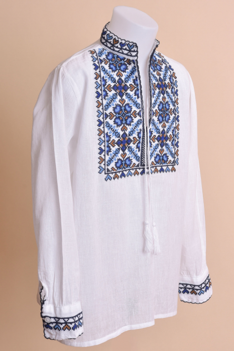 Camasa traditionala de baieti alba cu motiv geometric albastru Claudiu 02 [3]