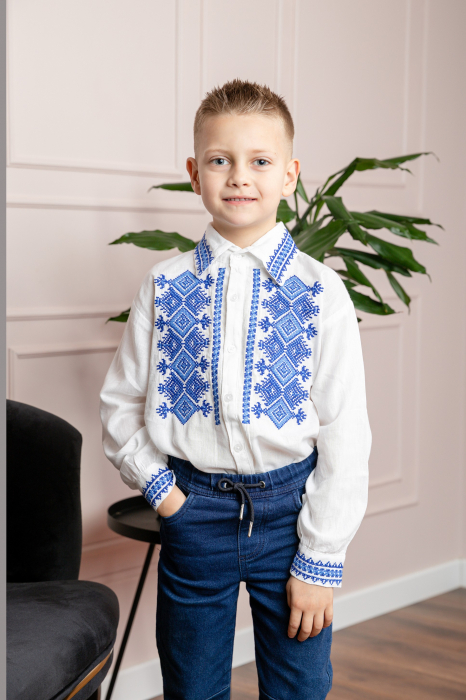 Camasa traditionala de baieti alba cu motiv geometric albastru Bogdan 02 [3]