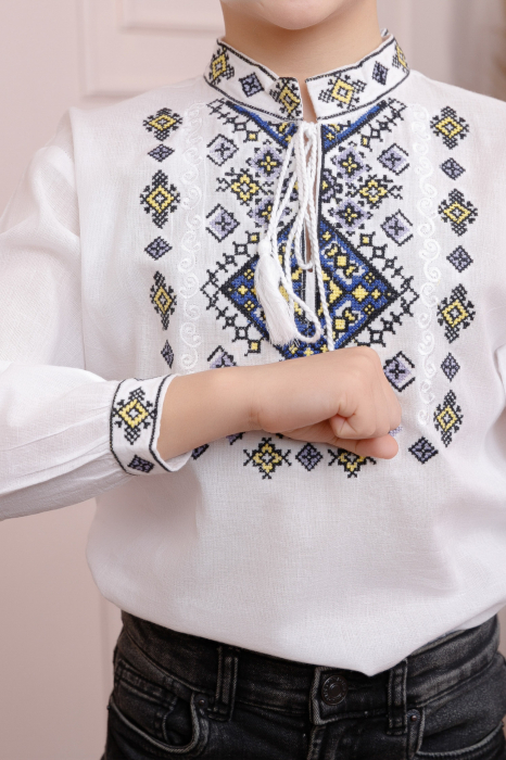 Camasa traditionala de baieti alba cu motiv geometric albastru Dacian [2]