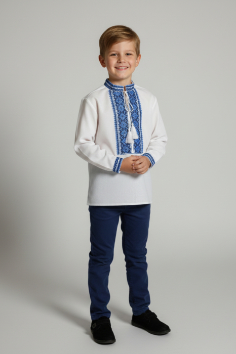 Camasa traditionala de baieti alba cu motiv geometric albastru Daniel 02 [2]