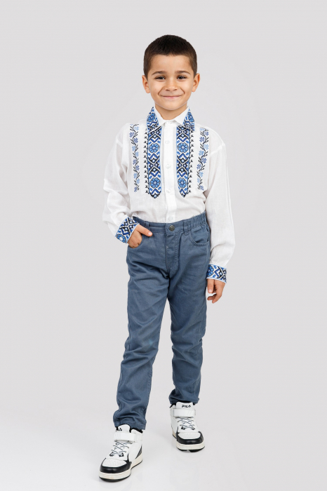Camasa traditionala de baieti alba cu motiv geometric albastru Darius 01 [4]