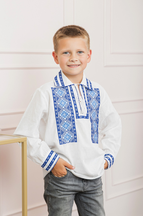 Camasa traditionala de baieti alba cu motiv geometric albastru Eduard [3]