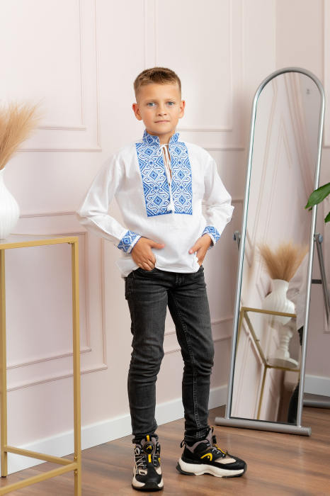 Camasa traditionala de baieti alba cu motiv geometric albastru Fabian 02 [4]