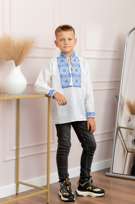 Camasa traditionala de baieti alba cu motiv geometric albastru Fabian 02 [3]