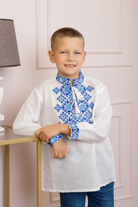 Camasa traditionala de baieti alba cu motiv geometric albastru Filip 02 [3]
