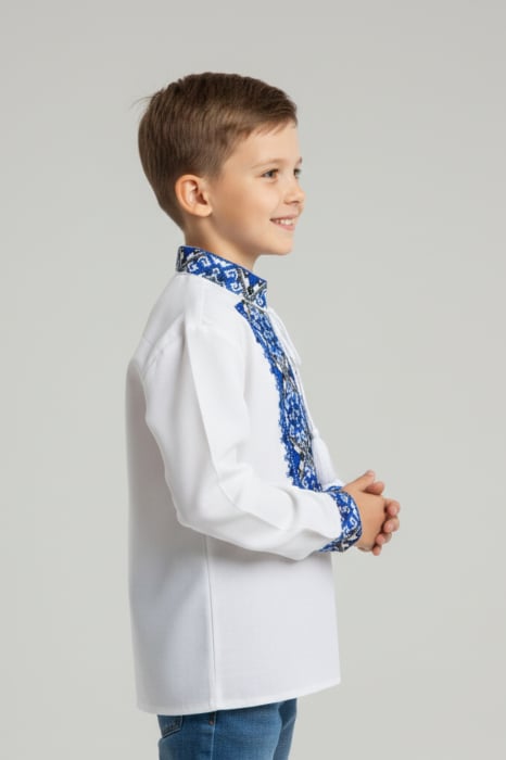 Camasa traditionala de baieti alba cu motiv geometric albastru Ioan [2]
