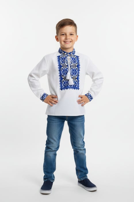 Camasa traditionala de baieti alba cu motiv geometric albastru Ioan [3]