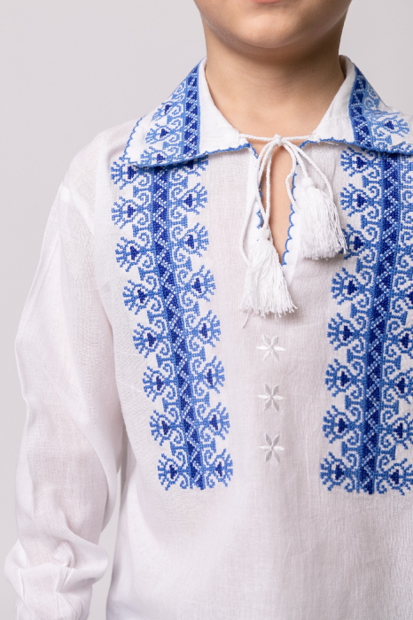 Camasa traditionala de baieti alba cu motiv geometric albastru David 02 [2]