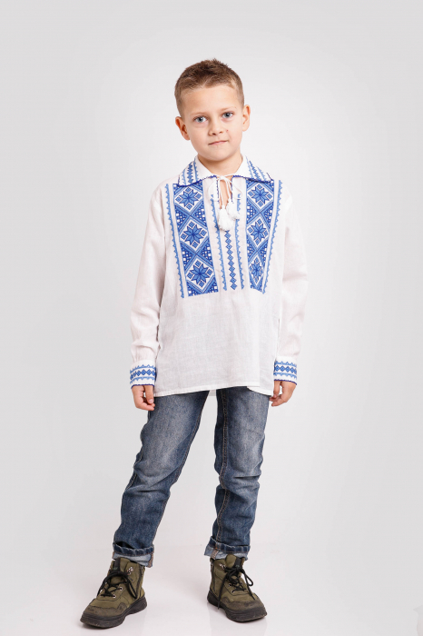 Camasa traditionala de baieti alba cu motiv geometric albastru Serban [4]