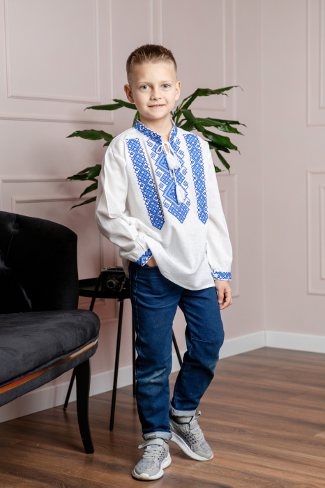Camasa traditionala de baieti alba cu motiv geometric albastru Sergiu [3]